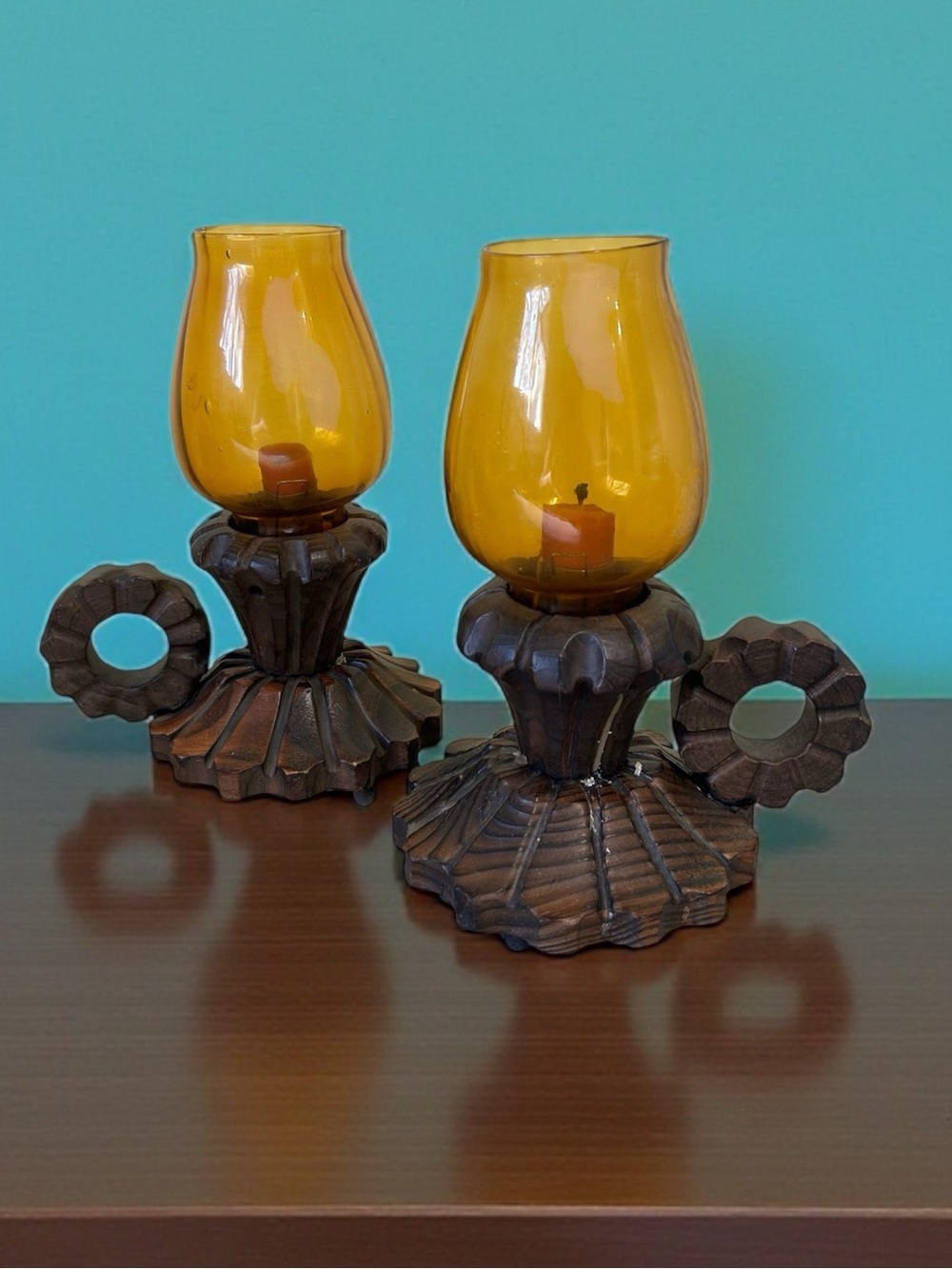 Vintage Wood and Glass Hurricane Candle Holder Set of 2